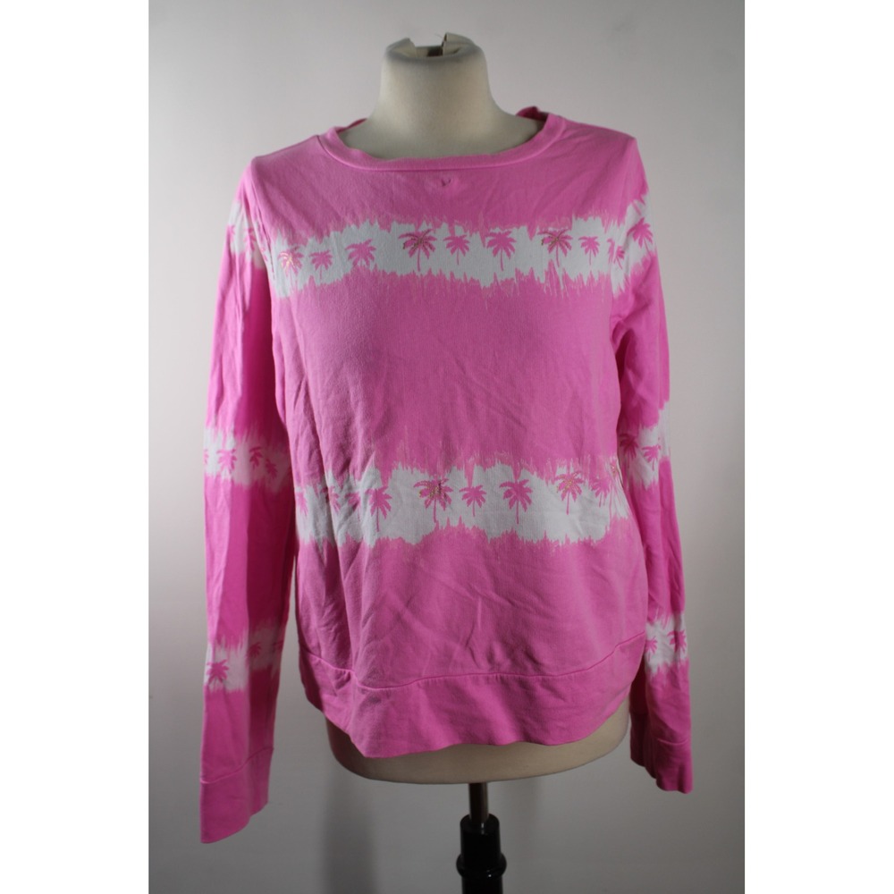Lilly Pulitzer Size M Hot Pink Palm Tree Sweatshirt Tie Dye Stripe Crewneck Top